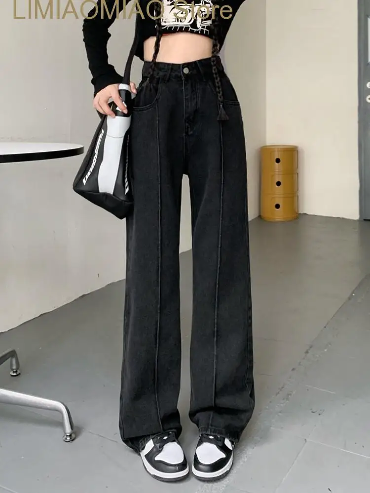 New Winter Black Vintage Jeans Women High Waist Casual Wide Leg Pants Female Streetwear Chic Straight Denim Trousers