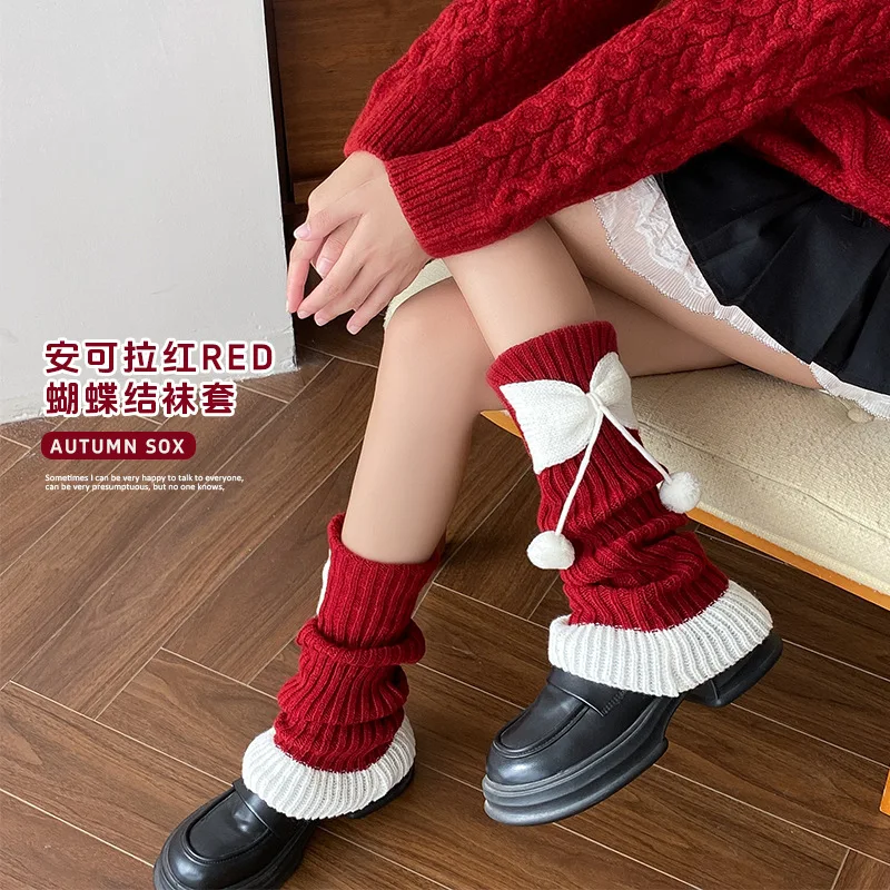 Winter and Autumn Bow-shaped Pompom Accessory Stocking for Keeping Legs Warm and Beautiful Christmas Leg Protection Stocking