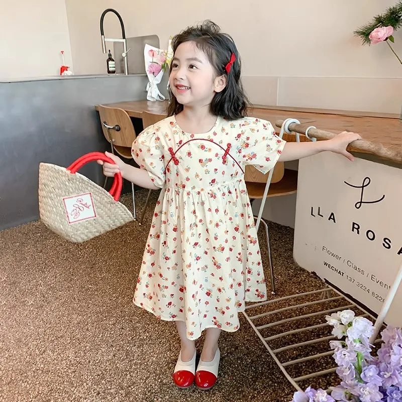 Girls Cheongsam Floral Dress Summer Children Summer Dresses National Style Retro Skirt Baby Thin Style Foreign Princess Dress