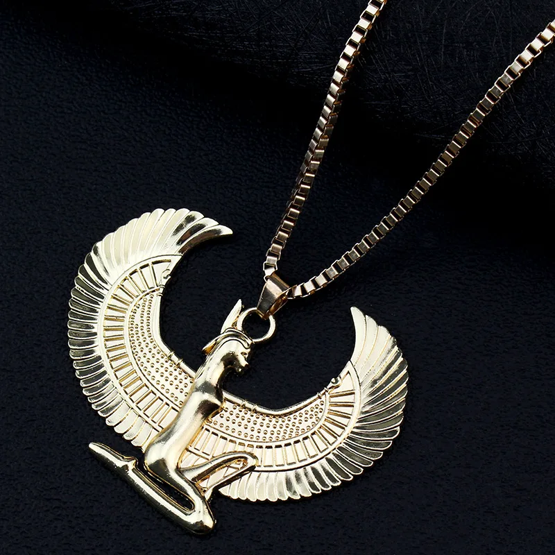 Ancient Egyptian Goddess Isis Spreading Wings Kneeling On The Ground Titanium Steel Pendant Necklace, Men Sweater Chain