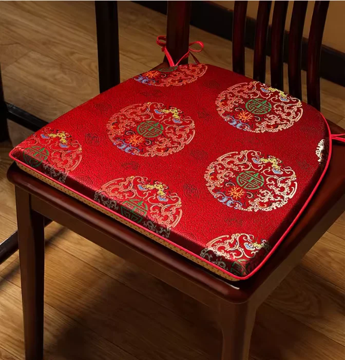 Custom Chinese Silk Brocade U Shaped Seat Cushions with Ties Replaceable Non-slip Dining Office Chair Pads