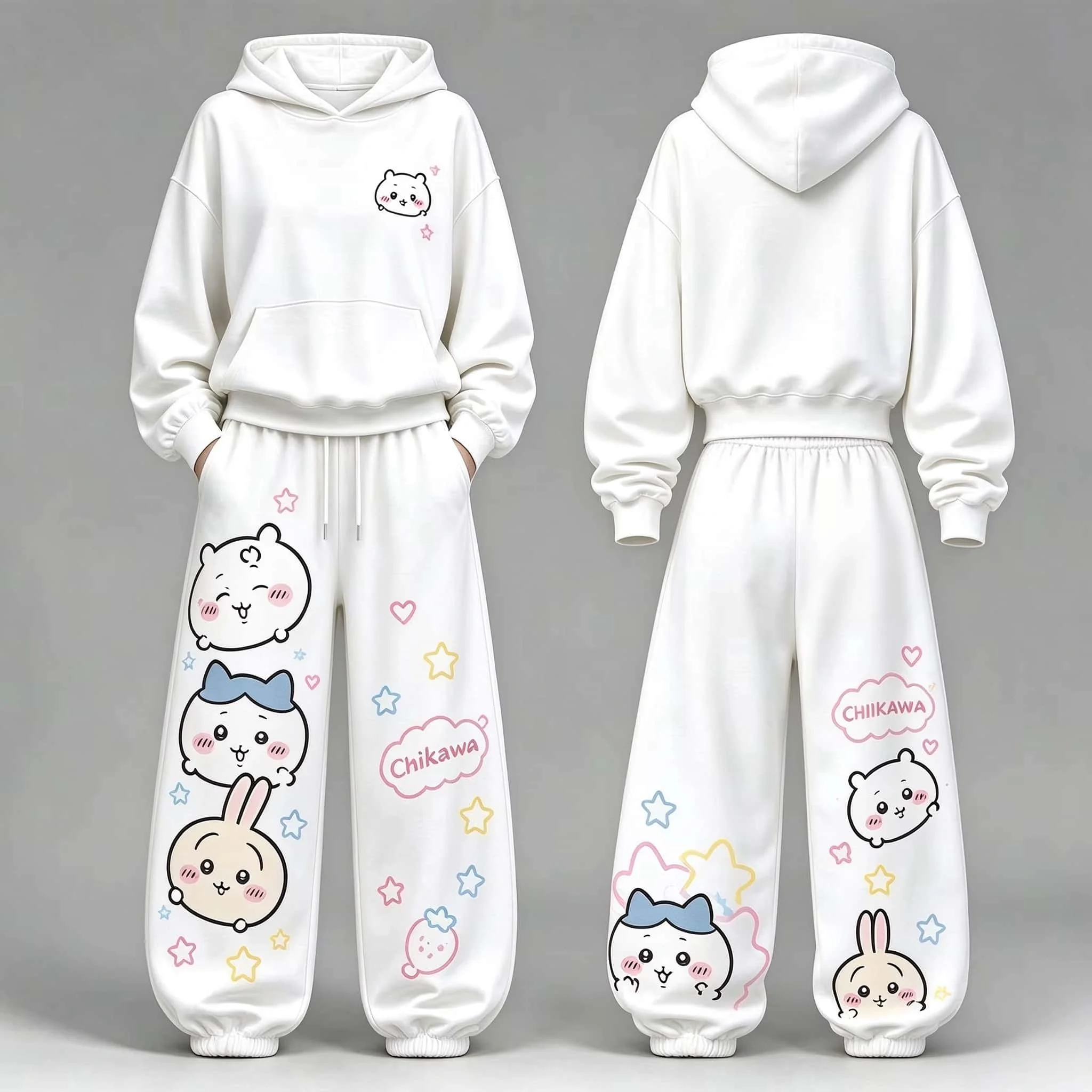 26/27 New Chiikawa Cute Cartoon Print Hoodie Tracksuit Fan Collection Autumn Winter Unisex Casual 2 Piece Outfit FamilyMatching