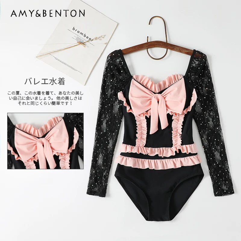 Y2K Hot Girl One Piece Swimsuit Sweet Cute Long Sleeve Patchwork Bathing Suit Women Kawaii Y2K Swimsuit Sexy Slim Swimwear