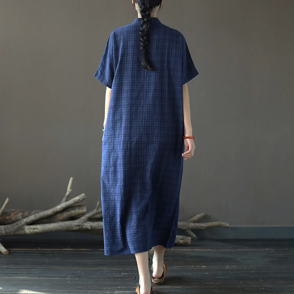 Zomer Vintage Geruite Jurk Met Korte Mouwen Vrouwen Losse Bamboe Katoen Chinese Casual Disc Gesp Jumper Cheongsam Lange Jurk