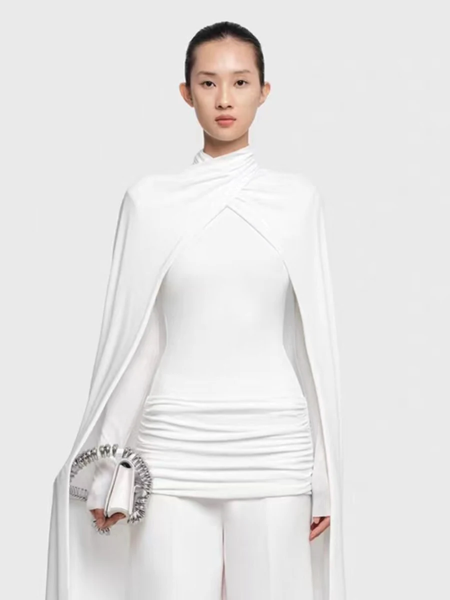 VGH Premium Feel Solid Slimming T Shirts For Women Turtleneck Long Sleeve Autumn Elegant Folds T Shirt Female Fashion Style New