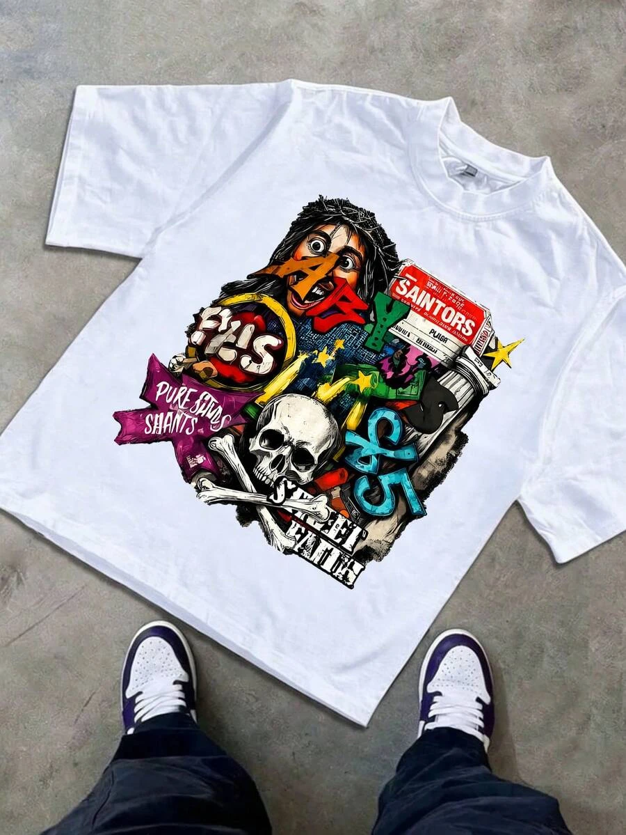 Men Streetwear Collage Graphic T‑Shirt Skull Cross Saintors Color Letter Print Crew Neck Short‑Sleeve Loose Y2K Hip‑Hop Male Tee