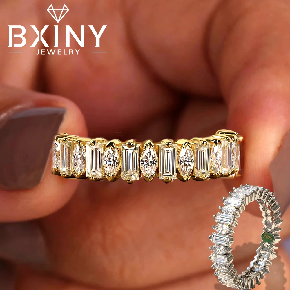

BXINY 2*4mm Moissanite Rings 925 Sterling Silver Marquise&Baguette Diamond for Women Men Eternity Vintage Band Gift Fine Jewelry