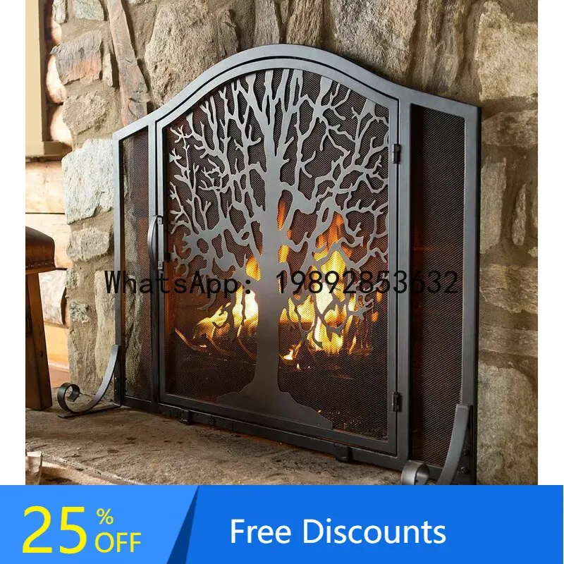 

CZ American Country Style Iron Art Fireplace Door Screen Partition with Door for Home Use, Tree-Shaped Fireplace Decorative Door