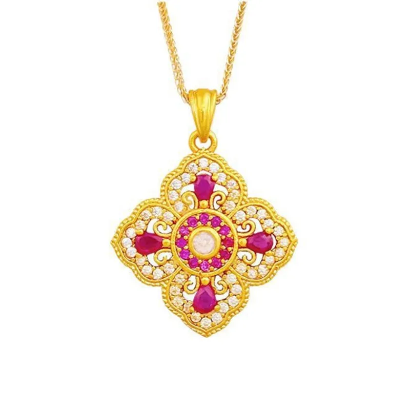 Vintage Luxury Hollow 4 Leaves Clover Flower Red Ruby Gemstones Pendant Necklaces for Women 18K Gold Filled Silver 925 Gifts view 2