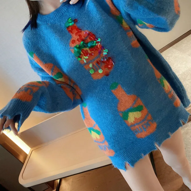 2023 Kawaii Lieve Schattige Casual Pailletten Top Trui Nieuwe Vrouwen Herfst Winter Blauwe Waterfles Print Rafelige Rand Gebreide Truien