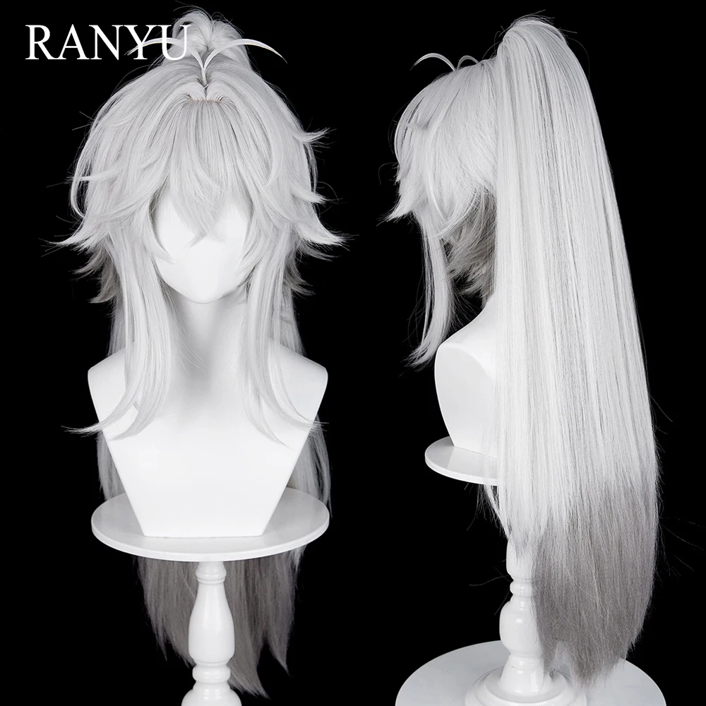 Synthetic Anime Game Cosplay Silver White Ombre Grey Wigs with Bangs Ponytail Clip Long Straight Fluffy Wig for Daily Party