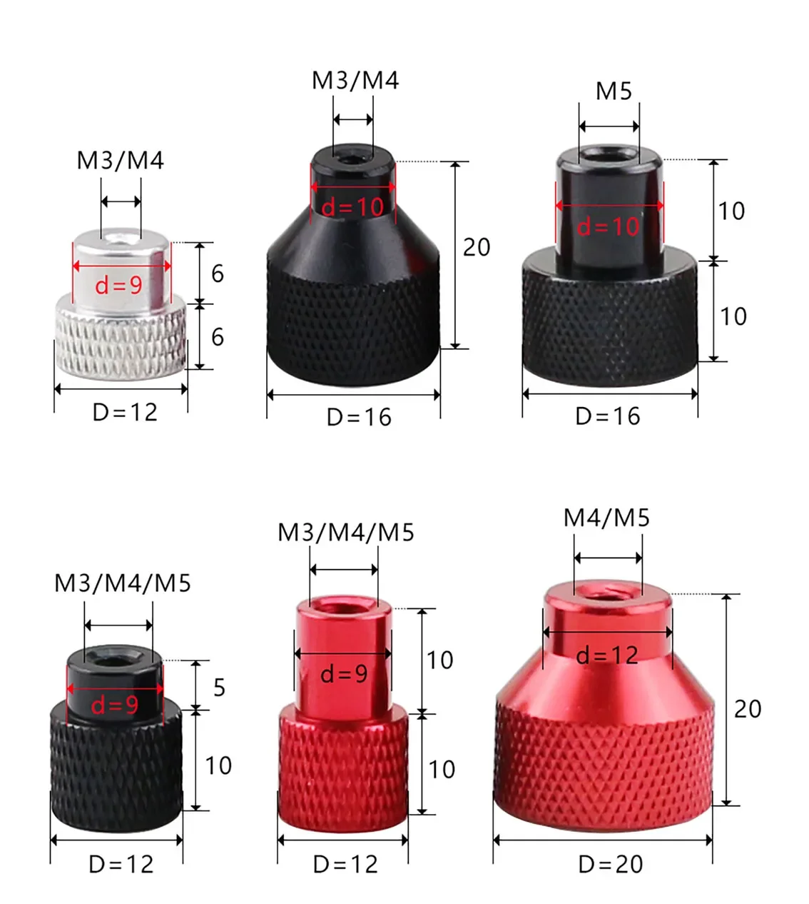 1Pcs M2.5 M3 M4 M5 Colourful Aluminum Alloy Thumb Nut Colour Small Step Hand Nut Knurled Hand Round Nuts Black/white 8 Colors