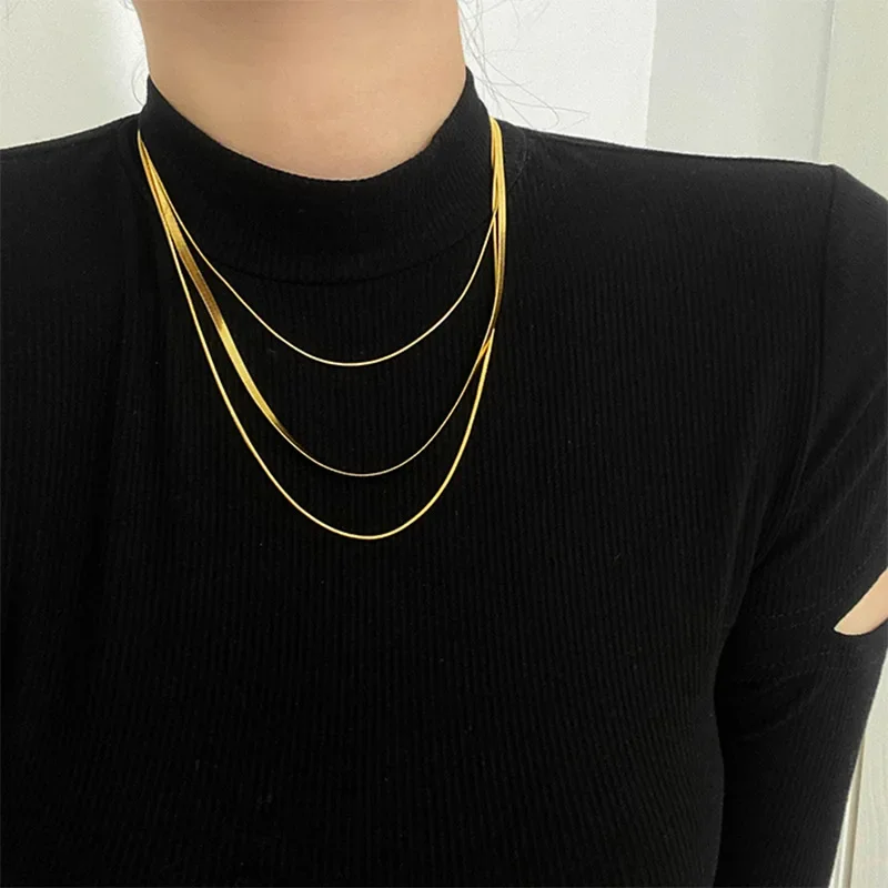 Stainless Steel Exaggerated Personality Multilayer Gold Color Snake Chain Necklace for Women Temperament Bride Jewelry Colorfast