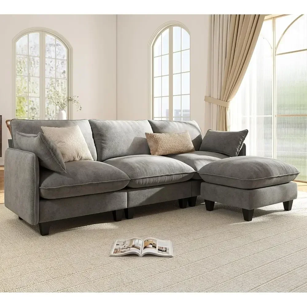 L-Shaped Cloud Sofa with Oversized Cushions & Movable Ottoman, Deep Seating, Premium Chenille, Gray