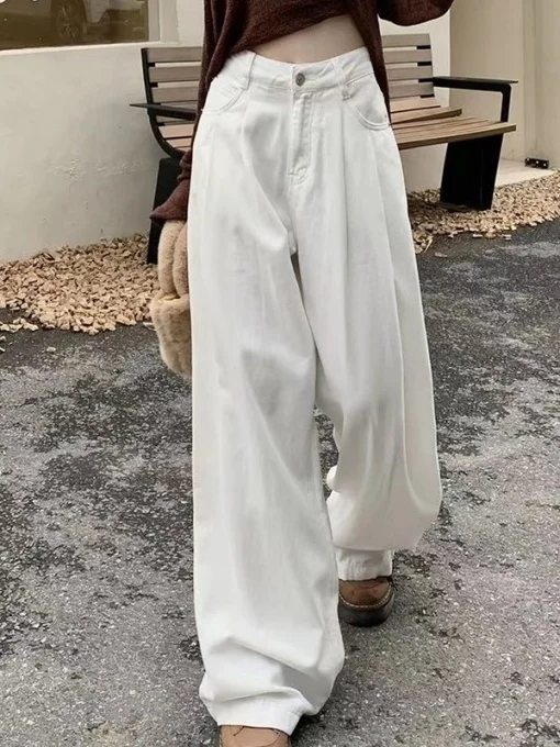 White Straight Leg Jeans Women plus Size Loose Wide Leg Floor Length Pants Autumn New Style Slimming Casual Denim Jeans