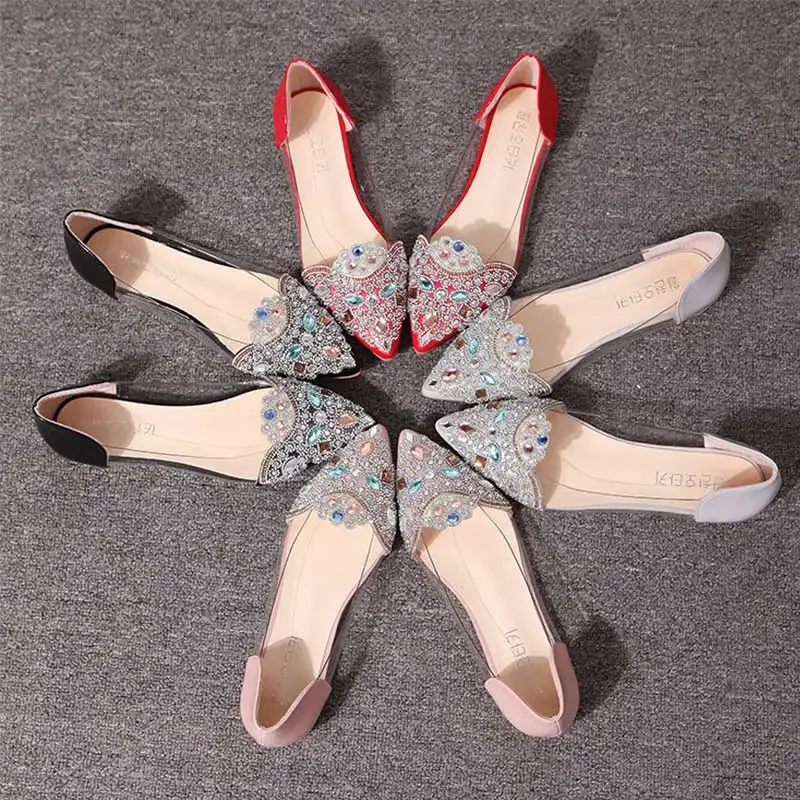 Summer Women Ballet Flat Rhinestone Pointy Ballerina Soft Sole Slip on Casual Female Crystal Elegant Wedding Shoes Ladies Spring