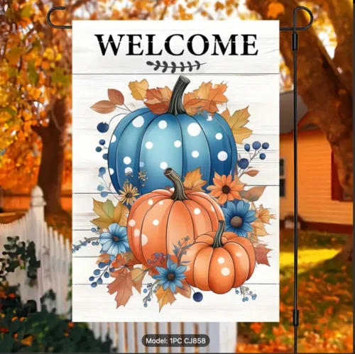 1PC Welcome Autumn Garden Flag with Blue & Orange Pumpkin Design - Double-Sided