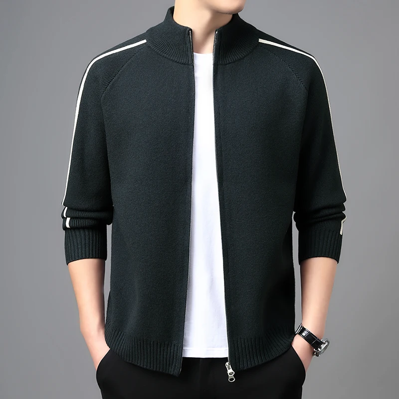 الرجال عارضة سترة البلوزات الخريف الشتاء تريكو أسود أخضر القهوة سستة مفتوحة الأكمام شريط تصميم محبوك سترة الحد الأدنى