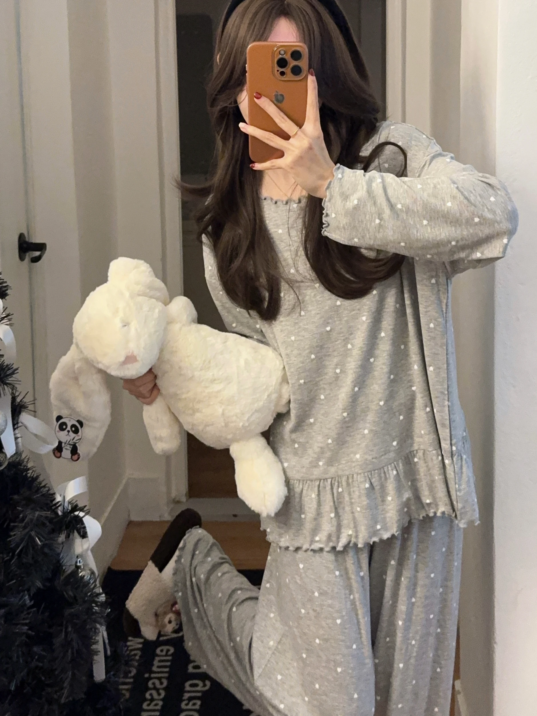 

Princess Style Long Sleeve Modal Sleepwear Set Grey Polka Dot Spring Autumn Home Clothes Comfortable Loose Fit Couple's Pyjamas