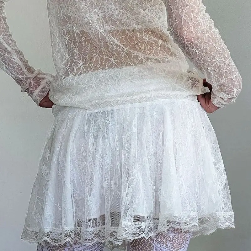 Mini-jupes plissées en dentelle patchwork pour femmes, coupe trapèze, basique, taille moyenne, mode douce, streetwear, été 2024