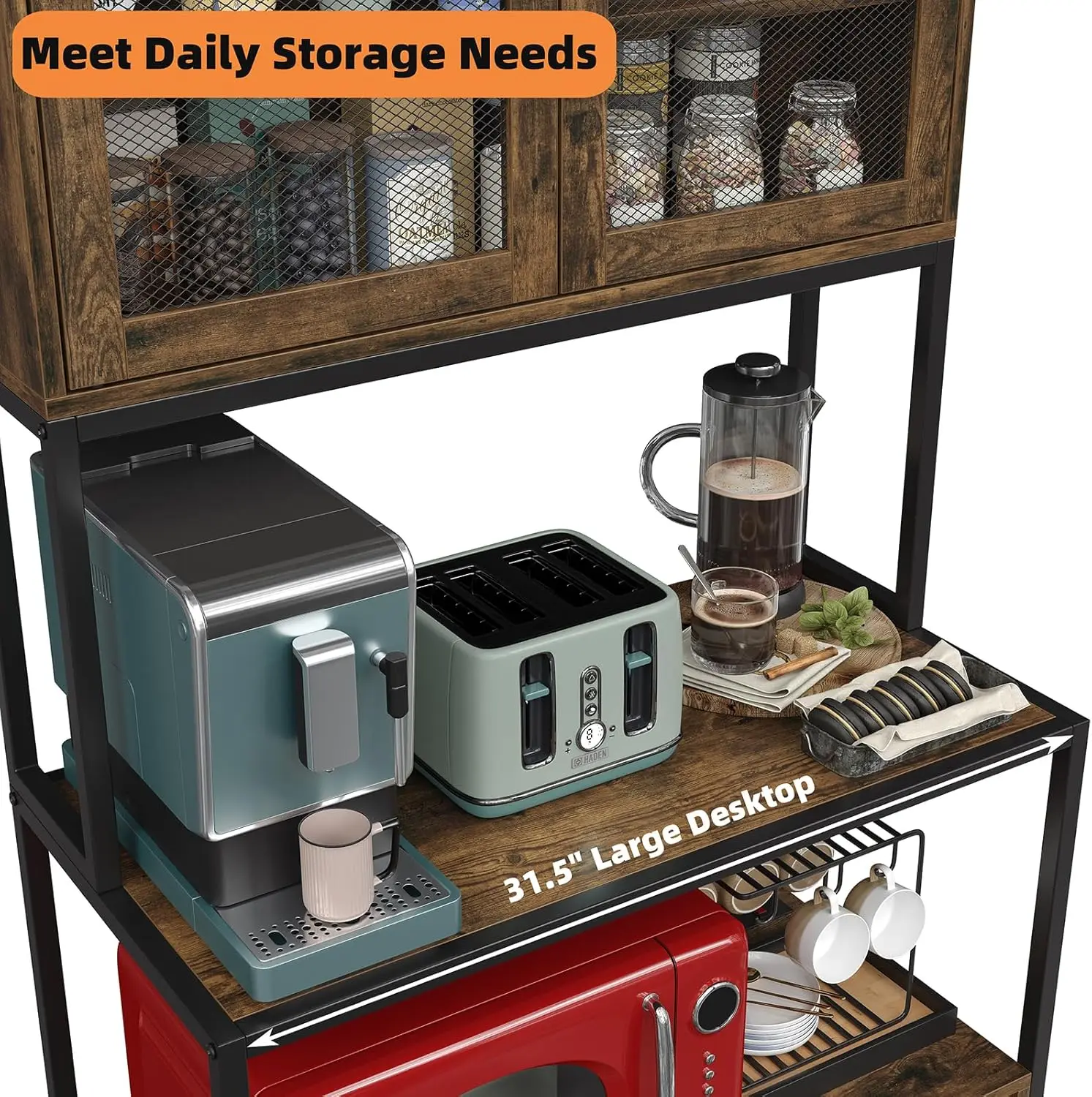 Scaffale da cucina a 6 livelli con presa, supporto per microonde industriale e ripiano portaoggetti (marrone rustico)