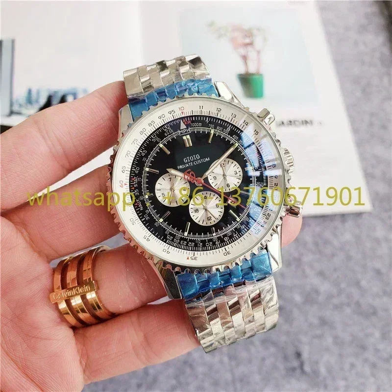 Luxury New Mens Quartz Chronograph Watch Stainless Steel Bracelet Classica Black Blue Leather Yellow Dial Watches