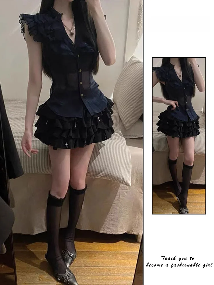 

Y2K Millennium Punk Bla Cake Skirt Women's Summer New Sle ort Fluffy Skirt Subculture High Waist Commute Sle Skirt