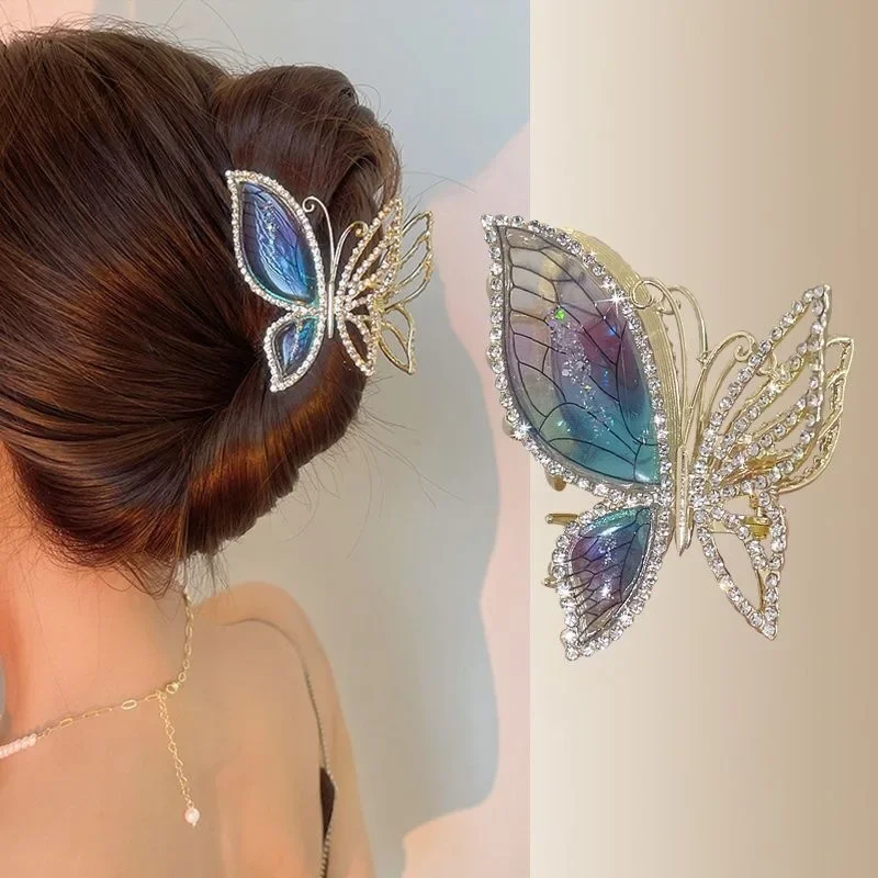 Blue Butterfly Hair Claw Clamp Elegant Vintage Glitter Shiny Ponytail Holder Hollow Out Shark Clip Women Ornaments Accessories