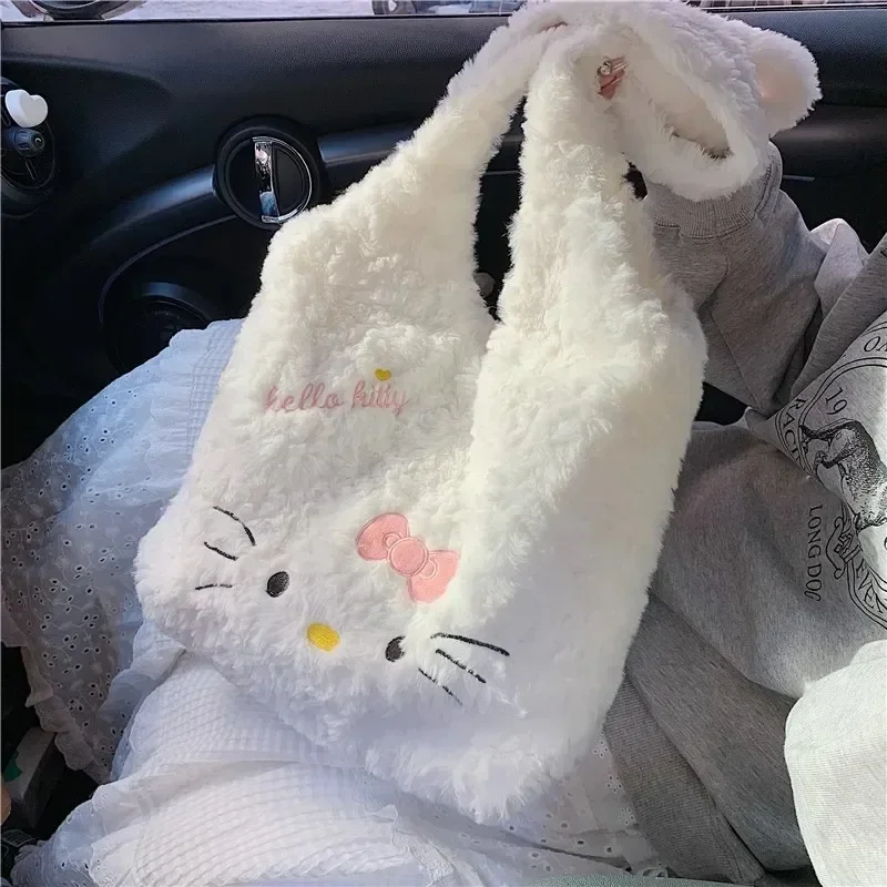 

Kawaii Hello Kitty Casual Tote Bags Soft Aesthetic White Plush Handbags Women New Versatile Shoulder Bag Girls Lolita Bag