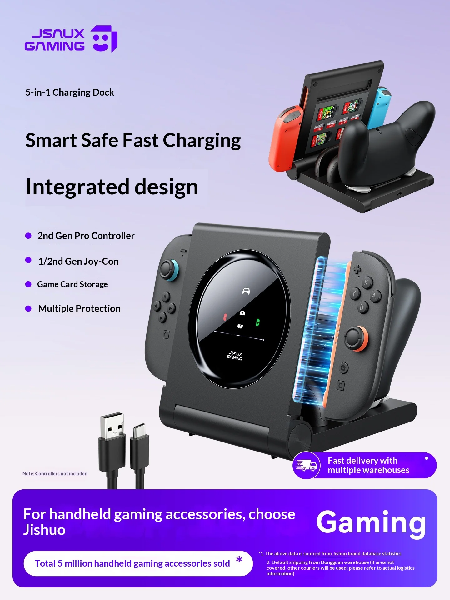 Jsaux 5-IN-1 Switch Charging Dock for Nintendo Switch Joycon 1/2 Pro Controller with Game Card Storage Charging Ns Accessories