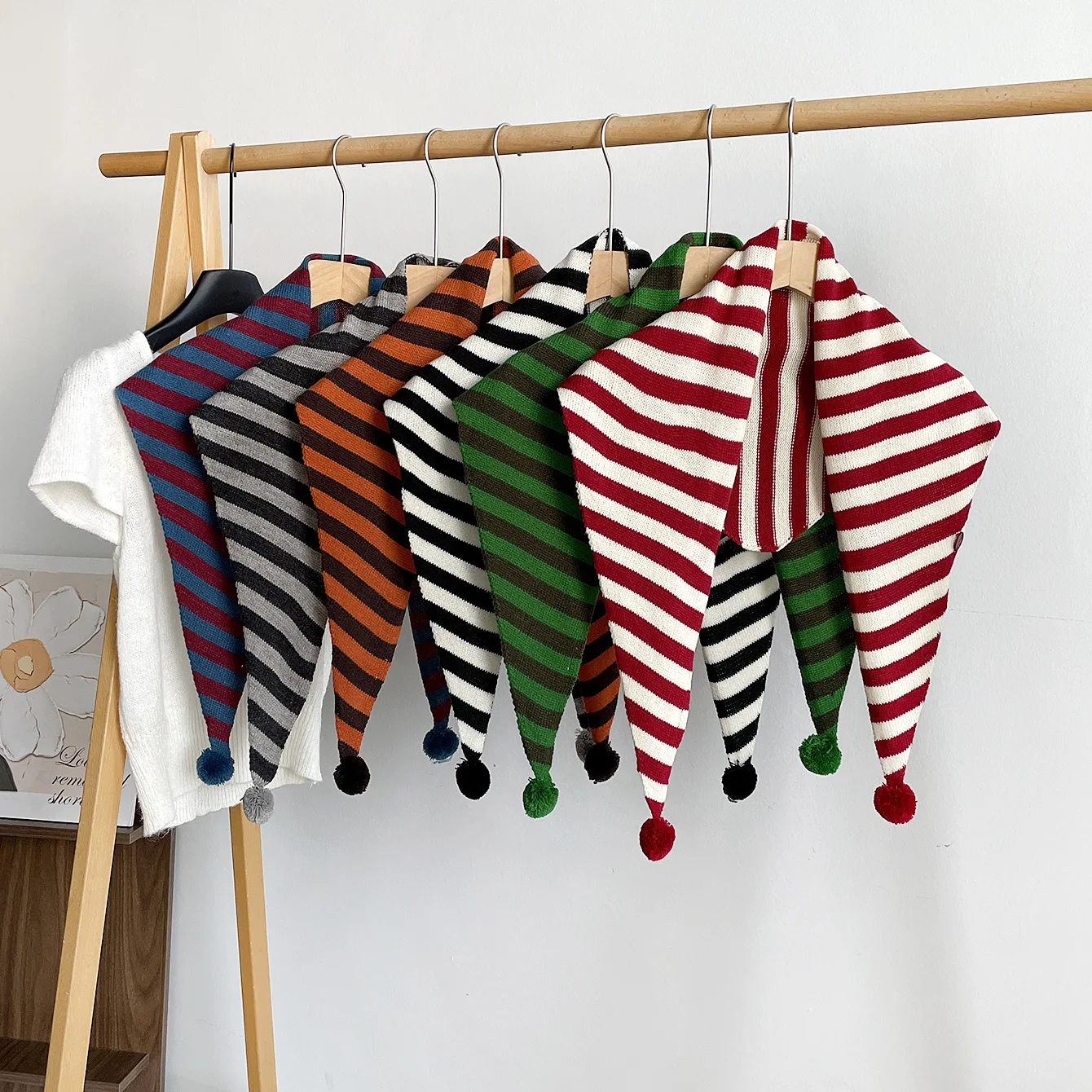 Scaf Korean Style Knitted Striped Triangle Shawl Women Winter Warm Neck Wrap Multicolor Soft Comfortable for Daily Party Travel