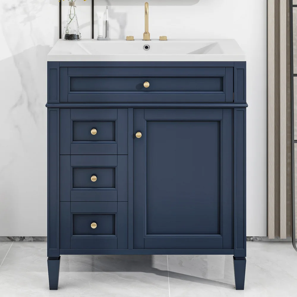 30'' Bathroom Vanity with Top Sink, Modern Bathroom Storage Cabinet with 2 Drawers and a Tip-out Drawer, Single Sink Bathroom