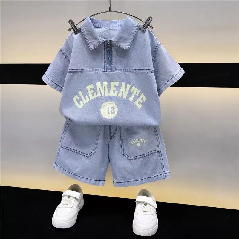 

Boys Summer Denim Set 2024 New Childrens Wear Handsome Short Sleeve Fashionable Thin Boys Baby Cowboy Two Piece Set Kids Outfits