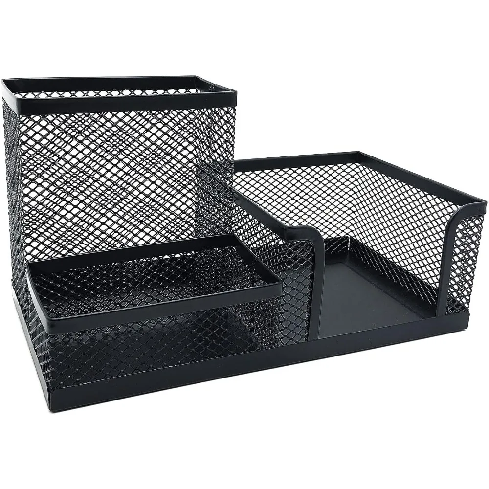 منظم مكتب شبكي، منظم سطح المكتب، علبة مستلزمات مكتبية معدنية مع حامل قلم رصاص وسلال تخزين لملحقات المكتب، 3