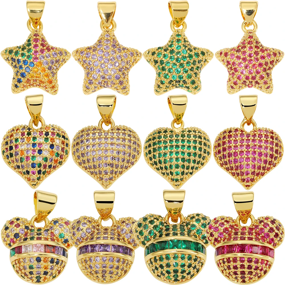 Juya DIY 18K Gold Plated Colorful Cz Decoration Mouse Love Heart Star Charms For Women Kids Gift Jewelry Making Supplies
