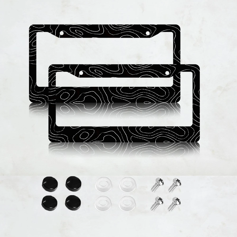 

2 шт. рамки для номерных знаков с 2 отверстиями, черно-белый топографический дизайн, алюминий, 6x12 дюймов, с винтами, стандартный размер США