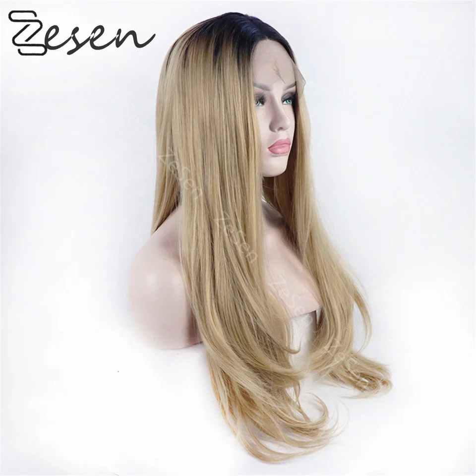 Dark Root Long Straight Synthetic Hair Lace Front Wigs For Women Ombre Ash Blonde Color Lace Frontal Wig Cosplay Daily Wear Wig