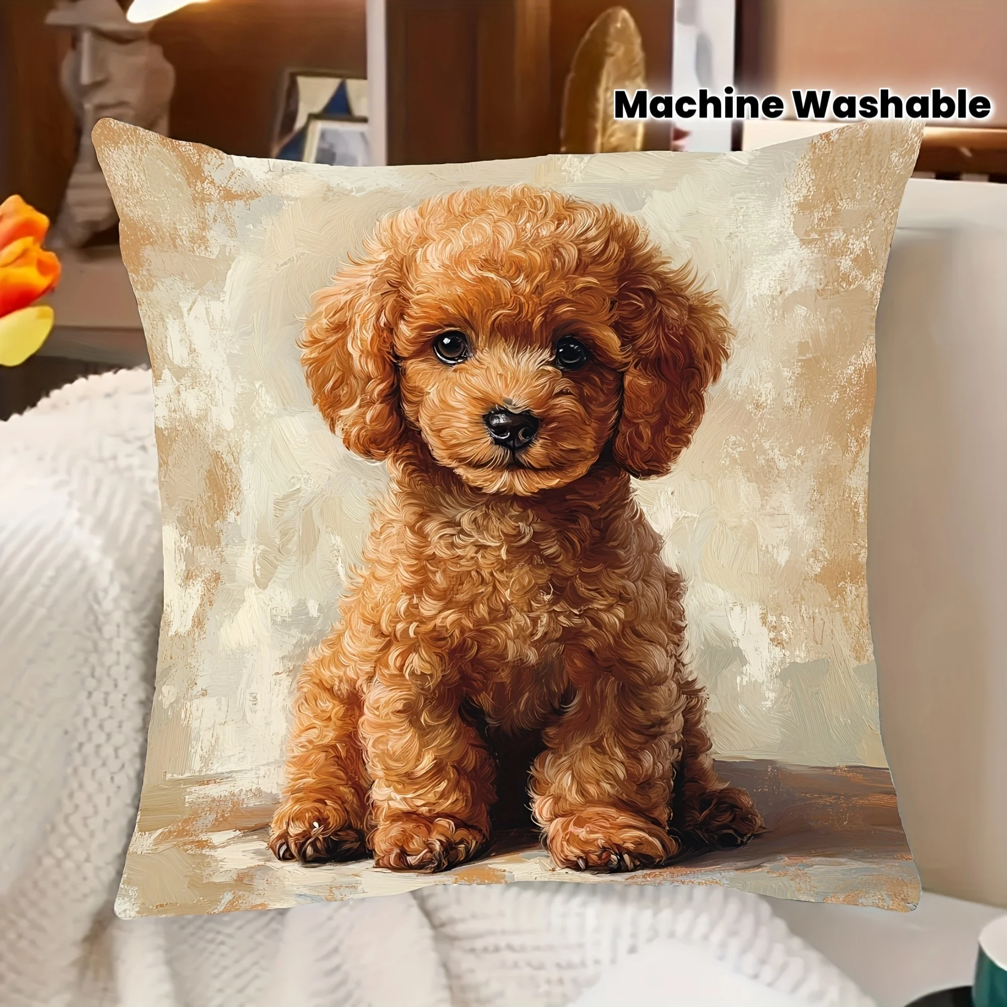Cute Poodle Puppy Pillow Case, Fluffy Brown Dog Cushion Cover, Realistic Pet Art Home Decor for Sofa Bedroom Living Room Gift
