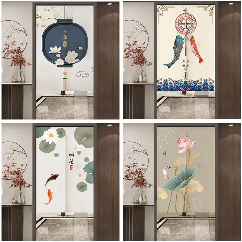 VIKAMA Chinese Style Noren Door Curtain Koi Lotus Print Fabric Partition Curtain for Home Living Room Entrance Decor