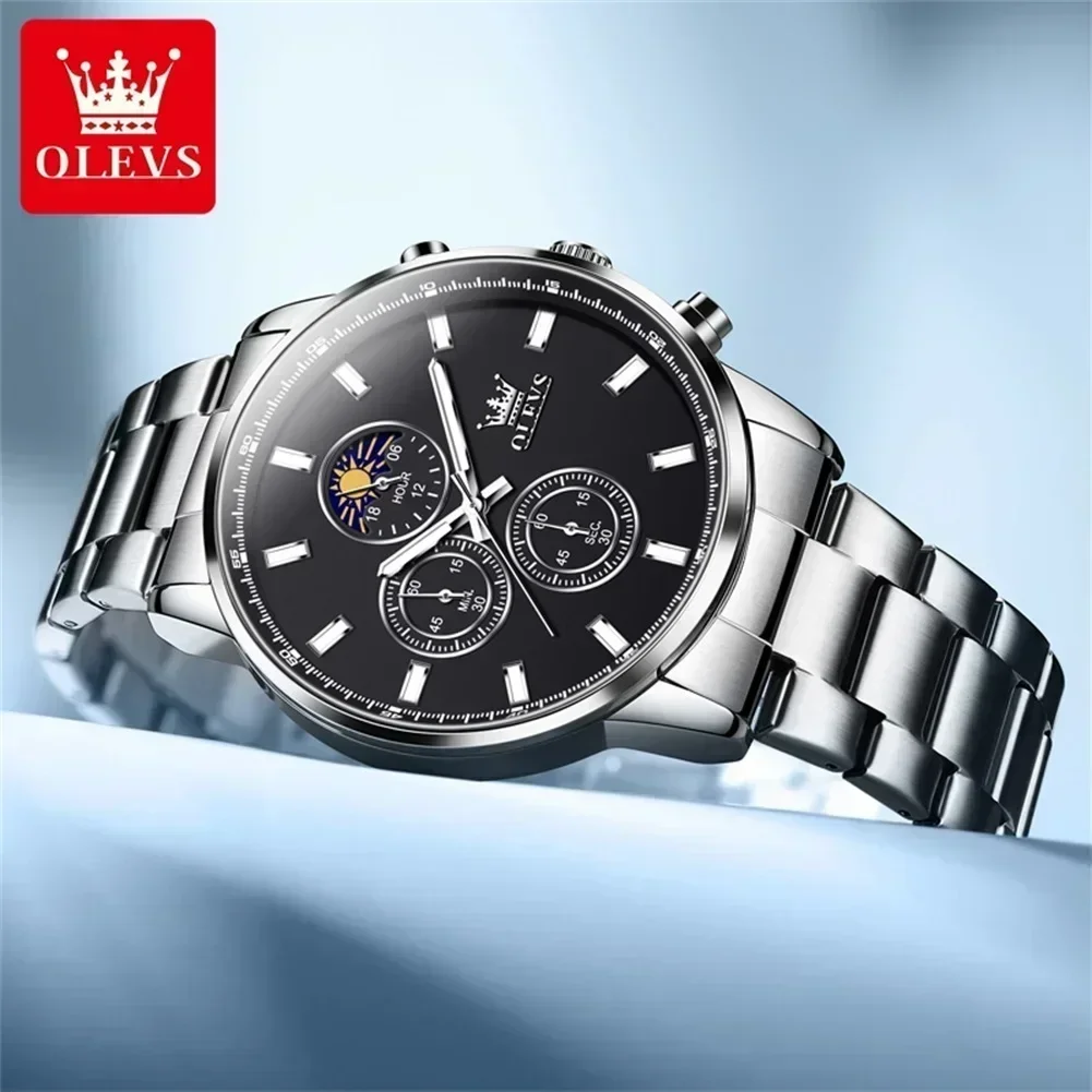 OLEVS Men\'s Watches Trend Chronograph Luxury Fashion Classic Wristwatch Luminous Moon Phase Waterproof Watch for Man