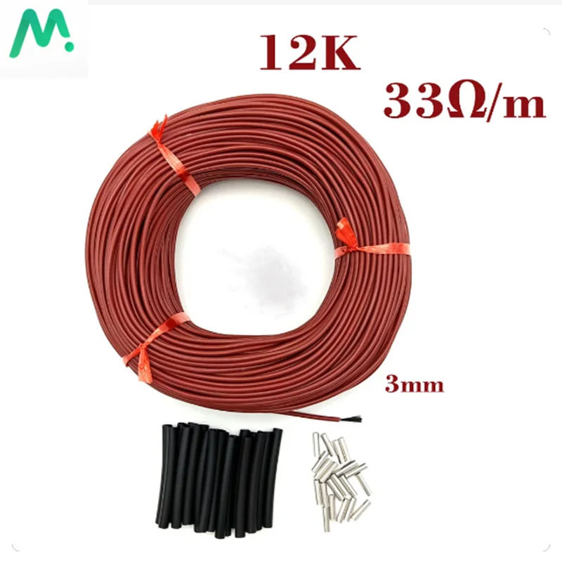 Cable calefactor de fibra de carbono, bobina de cables de calefacción de fibra de carbono de 10 a 100 metros, 12K, 33 Ohm/M, cubierta de goma de