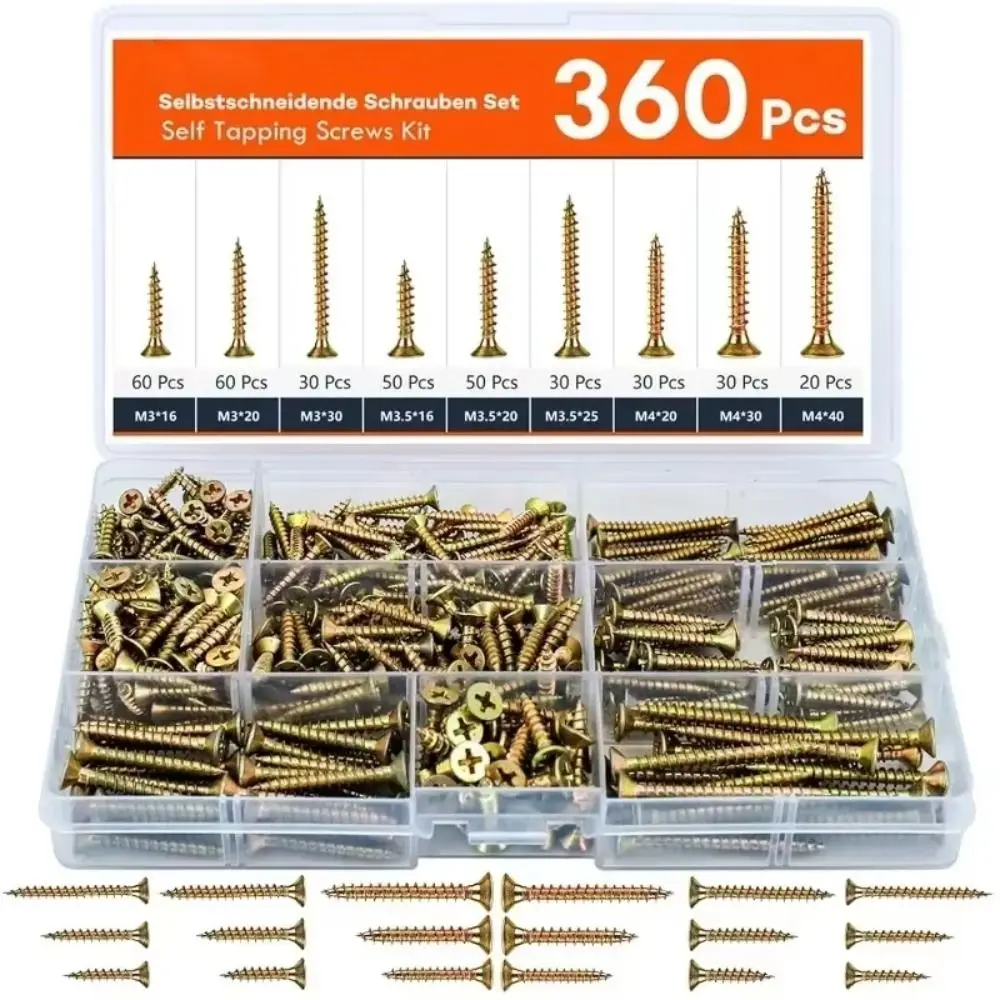 360 PCS M 3.5 Self-Drilling Wood Screws Wood Screw Carbon Steel Wood Screws Coarse Thread Self Tapping Deck Screws
