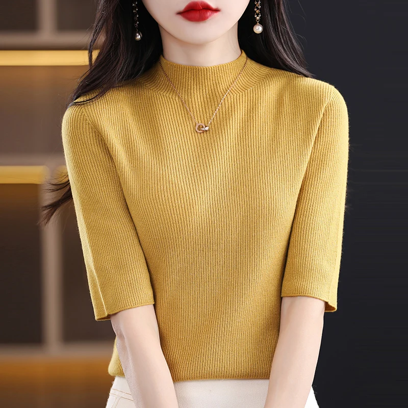 سترة نسائية محبوكة بقصة ضيقة من ort Sve بطبقة أساسية f ياقة عالية خمسة Sve Boting Yarn بسيطة تتطابق مع منتصف Sve...
