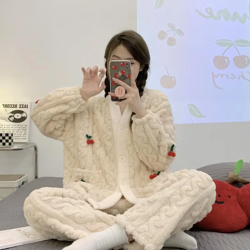 

Women's Pajamas Thickened Plush Flannel Autumn Winter Homewear Set Cartoon Sleepcoat Female Girl's Student Loungewear Clothes