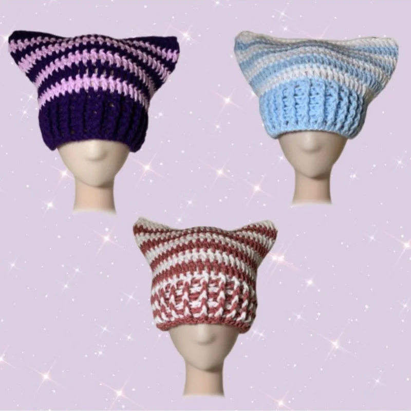 2023 New Cute Cat Ear Women's Hat Japanese Beanie Hand-knitted Striped Pullover Hat