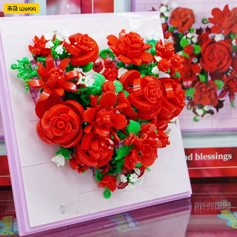 Wekki زهرة اللبنات إطار الصورة روز التجمع لغز ثلاثية الأبعاد الديكور نموذج هدية رومانسية مايكرو الجسيمات الربط الطوب