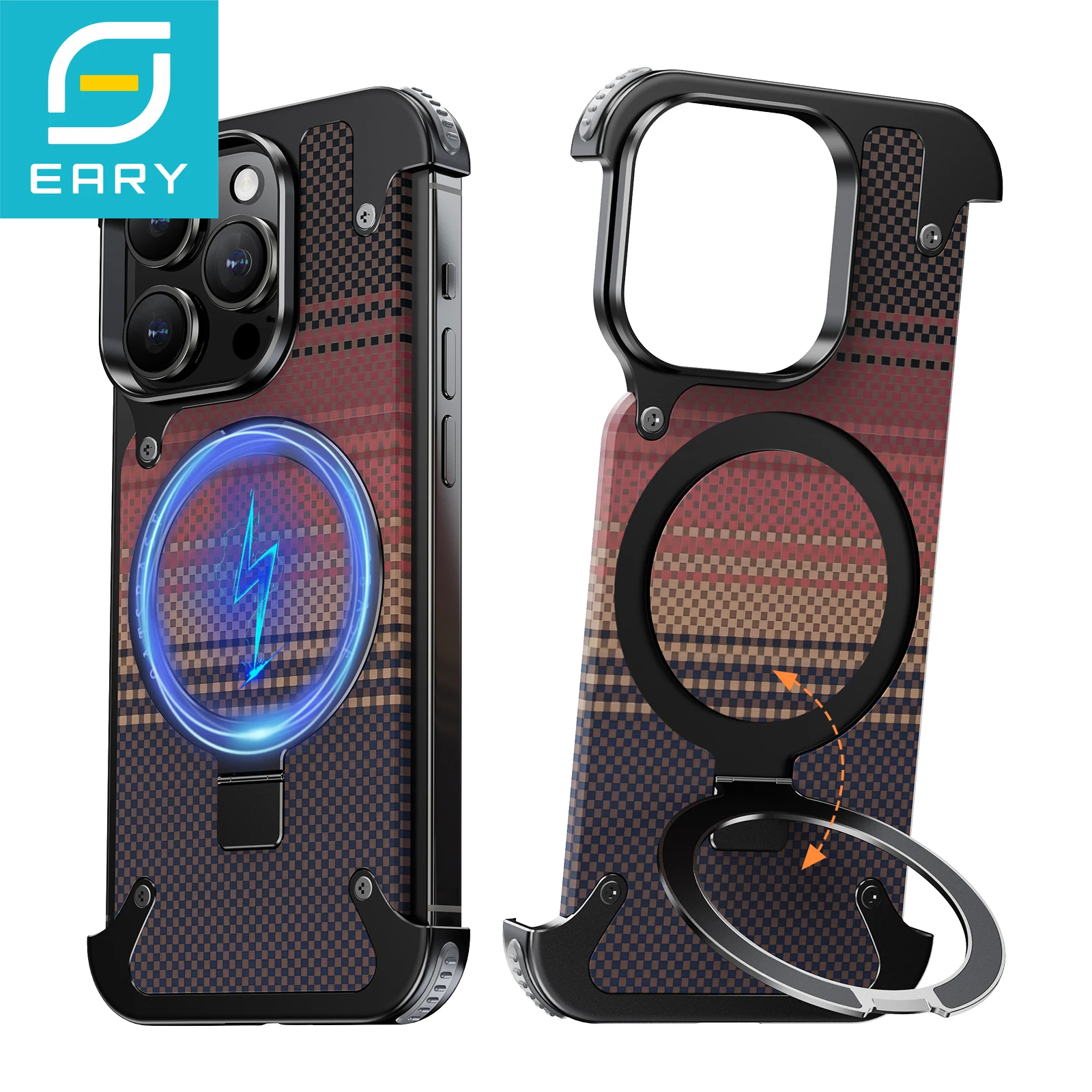 

Eary Phone Case for iPhone 16 Pro Max Magnetic with Ring Stand Magsafe Carbon Fiber Textured Cover Metal Frameless Shockproof