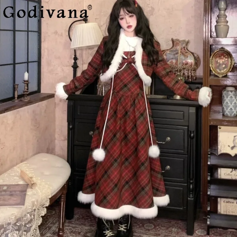 

Women's Japanese Lolita Outfits Base Shirt Quilted Jacket Red Plaid Camisole Dress Suits Female Woolen Long Dress Sets