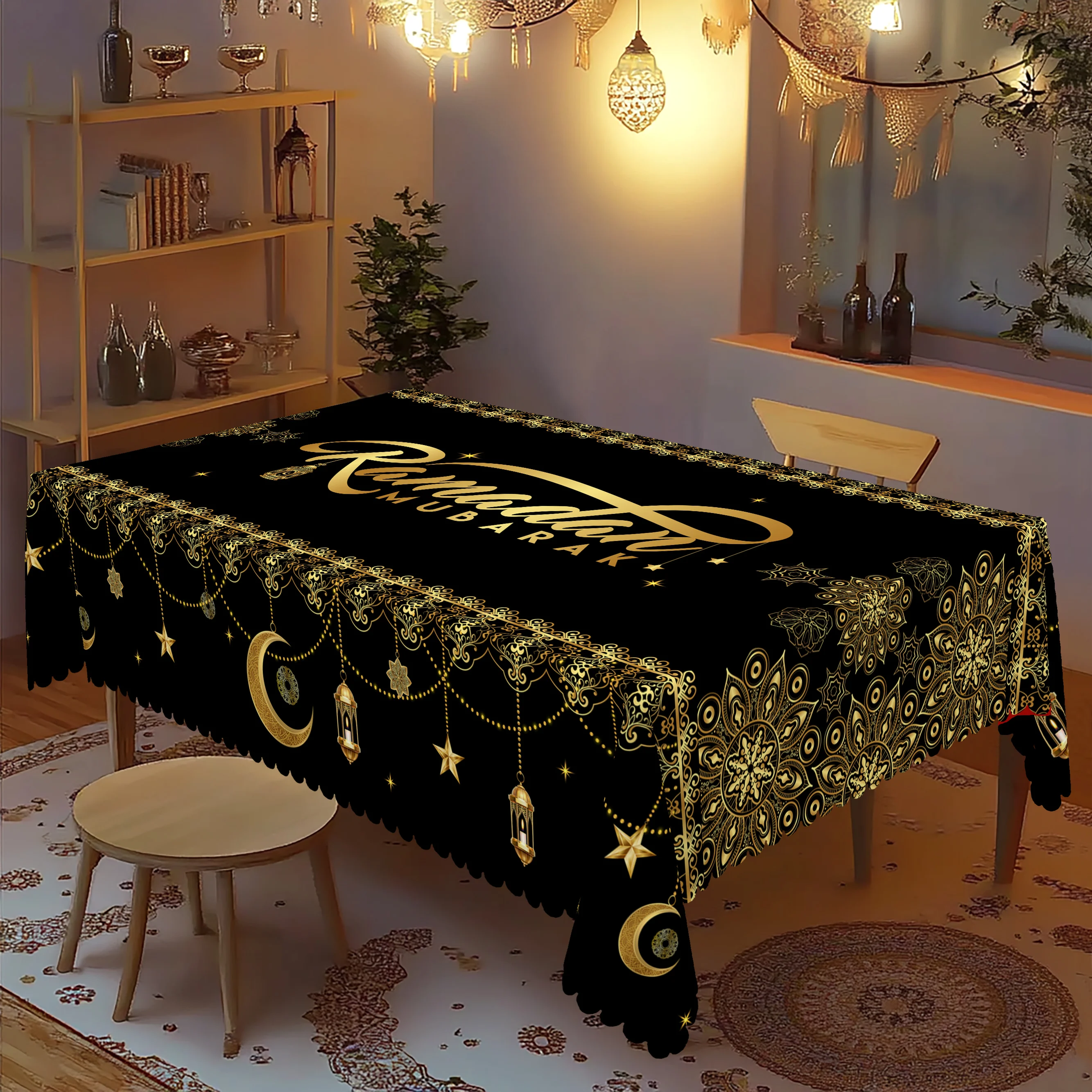 1 Piece Ramadan Round and Rectangular Tablecloth, Available in 5 Sizes, Beautiful Muslim Element Patterned Printed Tablecloth, Embossed Edge Craftsmanship, Eid Al-Fitr Restaurant Tablecloth Decoration, Suitable for Daily Home Kitchen and Terrace Use, Muslim Home Decoration, Eid Al-Adha Decoration