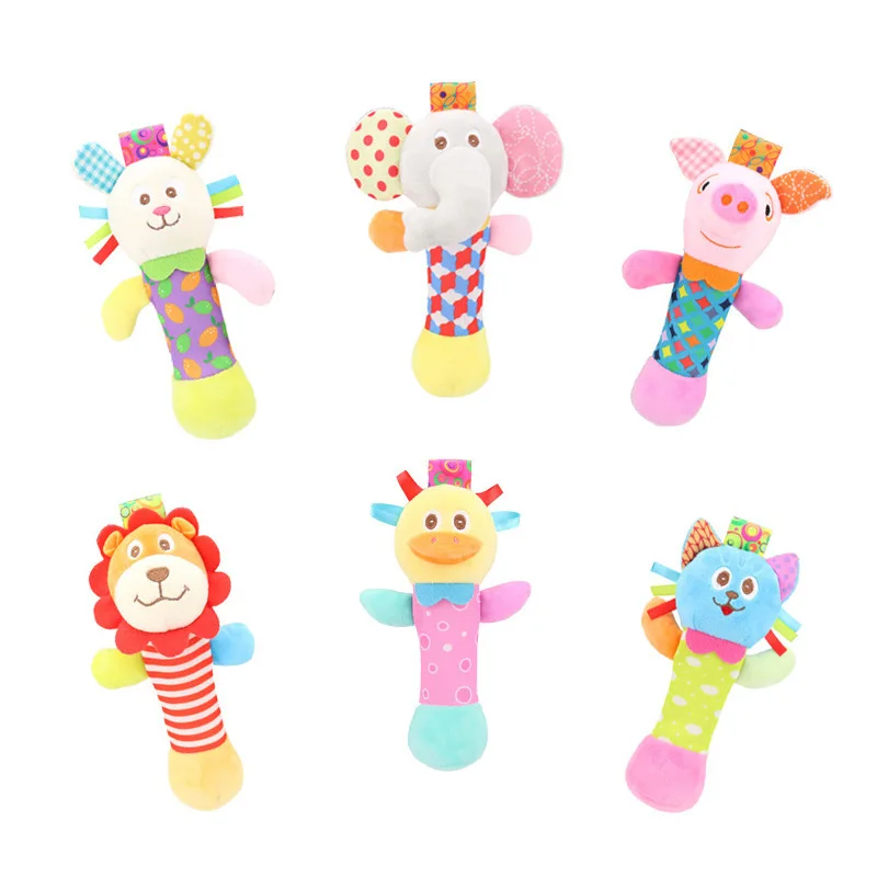 Soft Hand Crank Baby Rattles Cartoon Animal Plush Toys with BB Call Voice Squeaky Sensory Travel Accessory for Toddlers